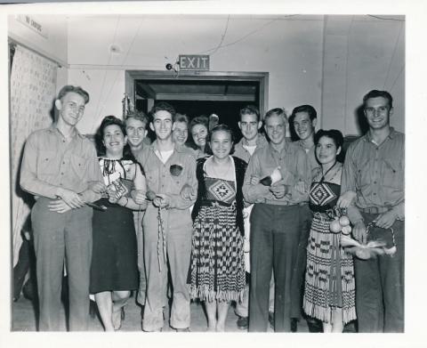 U.S. Marines at Navy Base hospital number 4 with Māori women from local Ngāti Pōneke group, March 1943