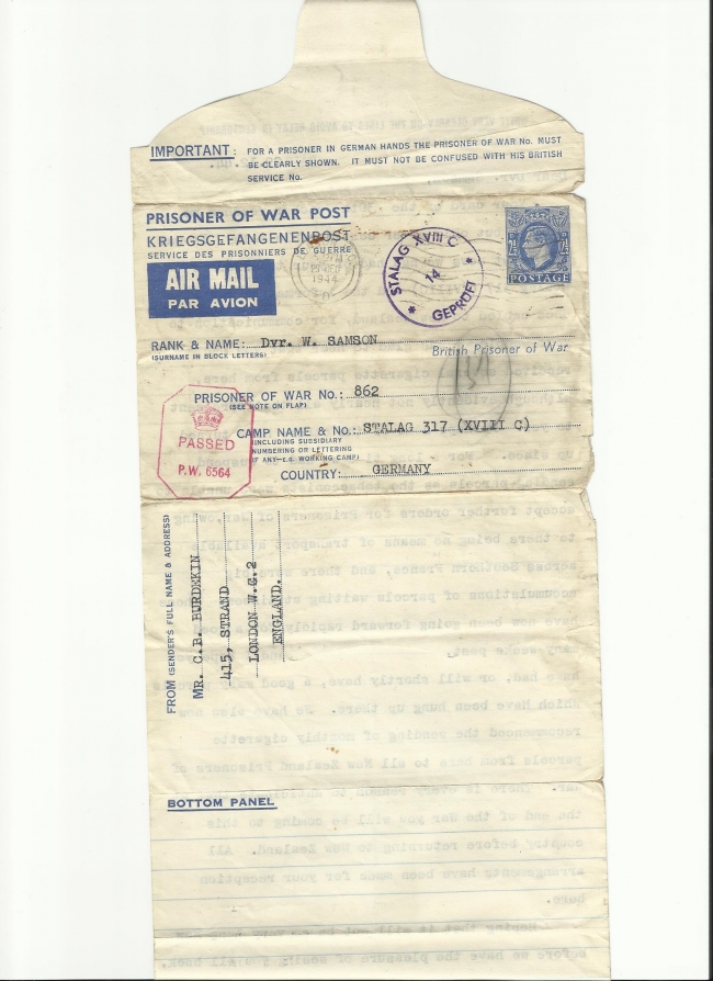 Postage date and stamp of War letter