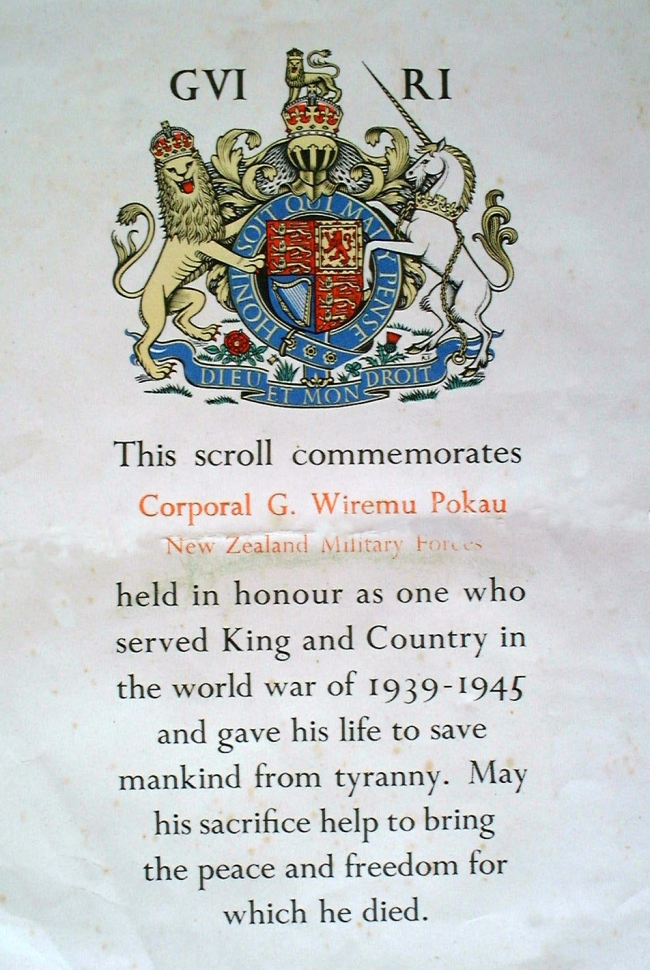 Corporal George Wiremu Pokau commemoration scroll.