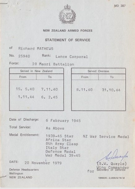 Richard Te Ikaunahi Mathews, 25940