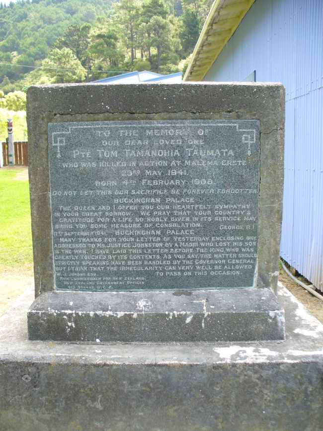 Tom Taumata Memorial Stone standing at Ruawharo Marae, Opoutama, Hawkes Bay