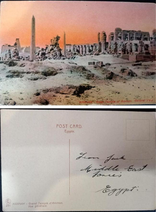 The front and back of a postcard showing Egyptian ruins