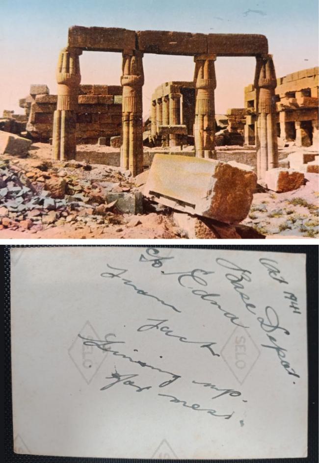 The front and back of a postcard showing Egyptian ruins