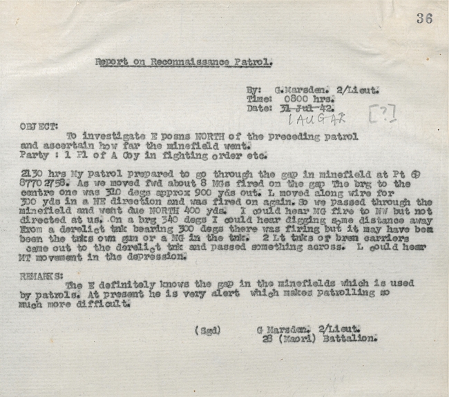Detail of a patrol report from the Battalion's war diary for 31 July 1942