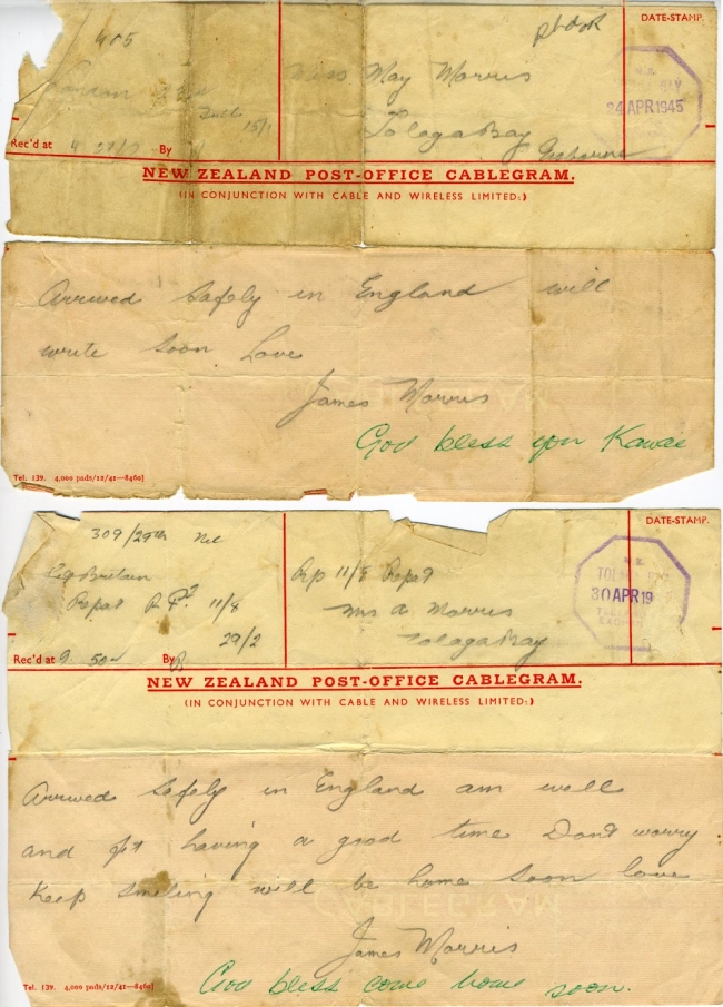 Cablegrams home from England 1945