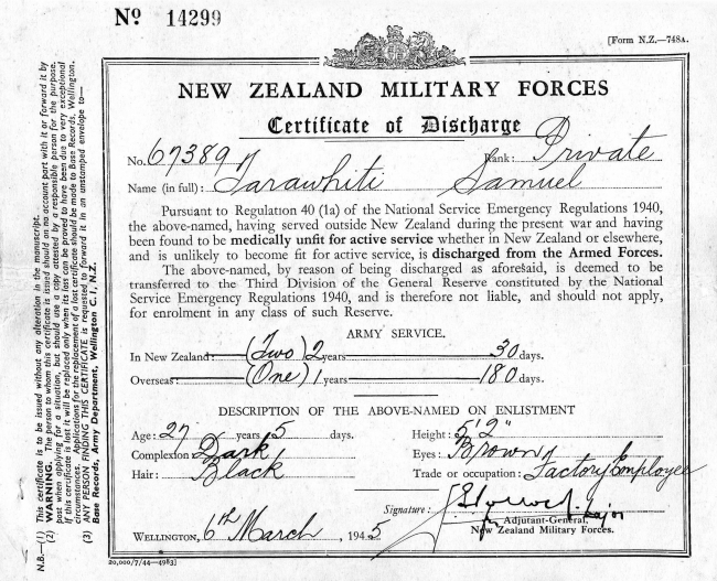 Certificate of discharge for Samuel Tarawhiti