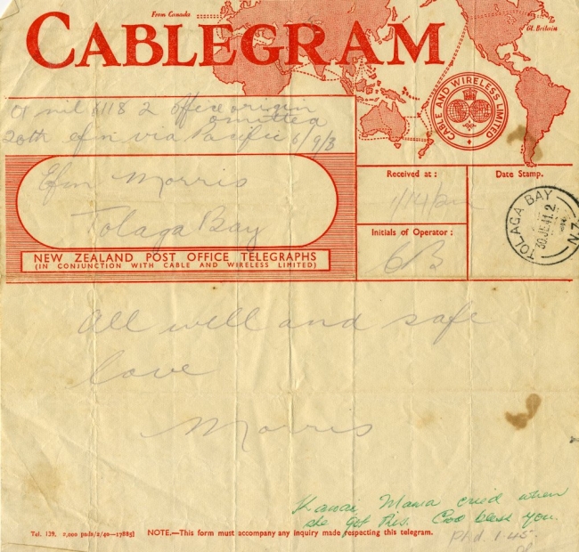 Kawai Morris sends a cablegram home from England 1945
