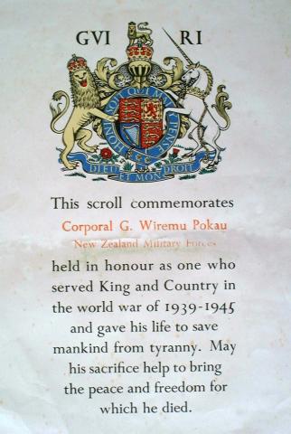 Corporal George Wiremu Pokau commemoration scroll.