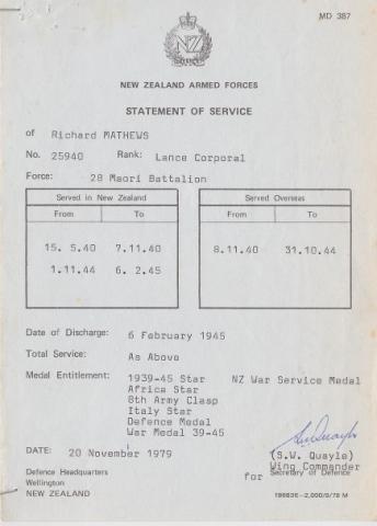 Richard Te Ikaunahi Mathews, 25940
