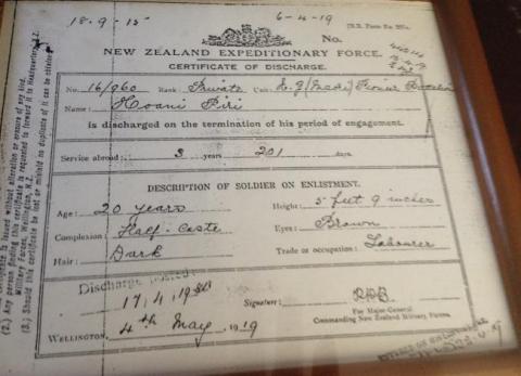 Discharge certificate Hoani Piri