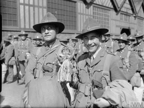 Officers of 28 Battalion, with mascot, on arrival in Scotland June 1940