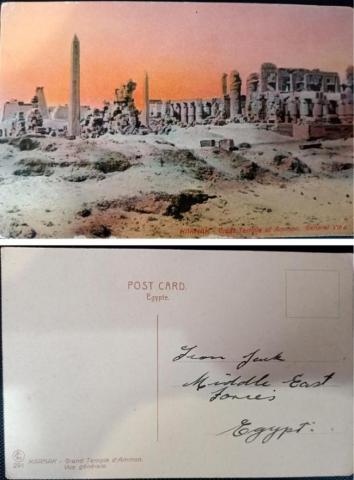 The front and back of a postcard showing Egyptian ruins