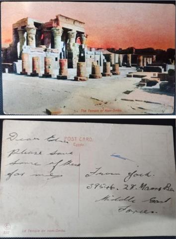 The front and back of a postcard showing Egyptian ruins