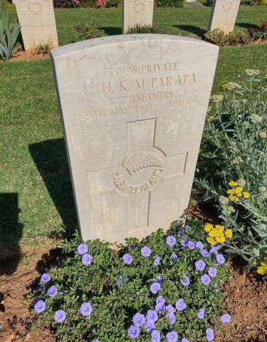 A headstone engraved with a fern