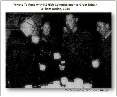 Private Te Runa enjoys a cup of tea after repatriation, 1944