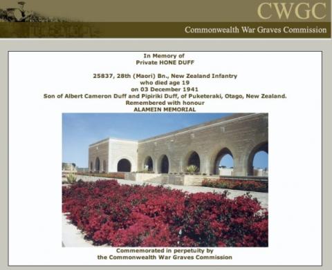 Hone Duff's certificate of commemoration