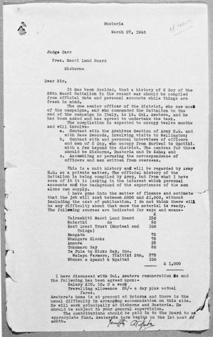 Ngata writes to Judge Carr about a Māori Battalion history