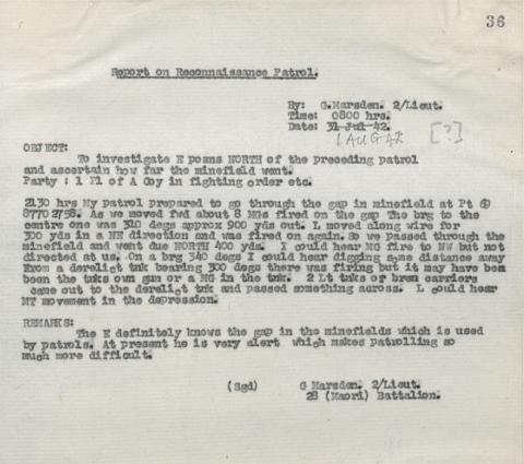 Detail of a patrol report from the Battalion's war diary for 31 July 1942