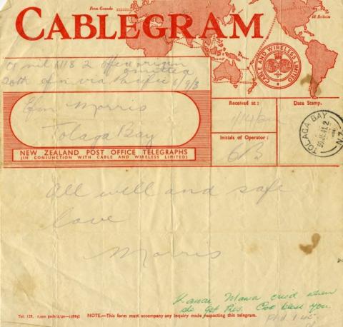 Kawai Morris sends a cablegram home from England 1945