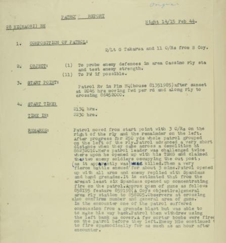 B Coy Patrol report, 14/15 Feb 1944